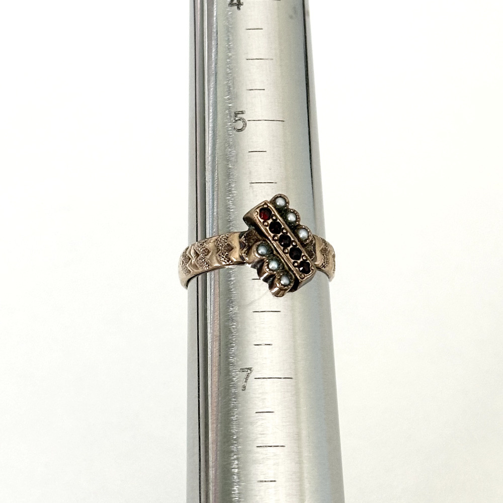 Antique Victorian 14K Yellow Gold Garnet & Seed Pearl Ring Size 6 - Picture 7 of 12